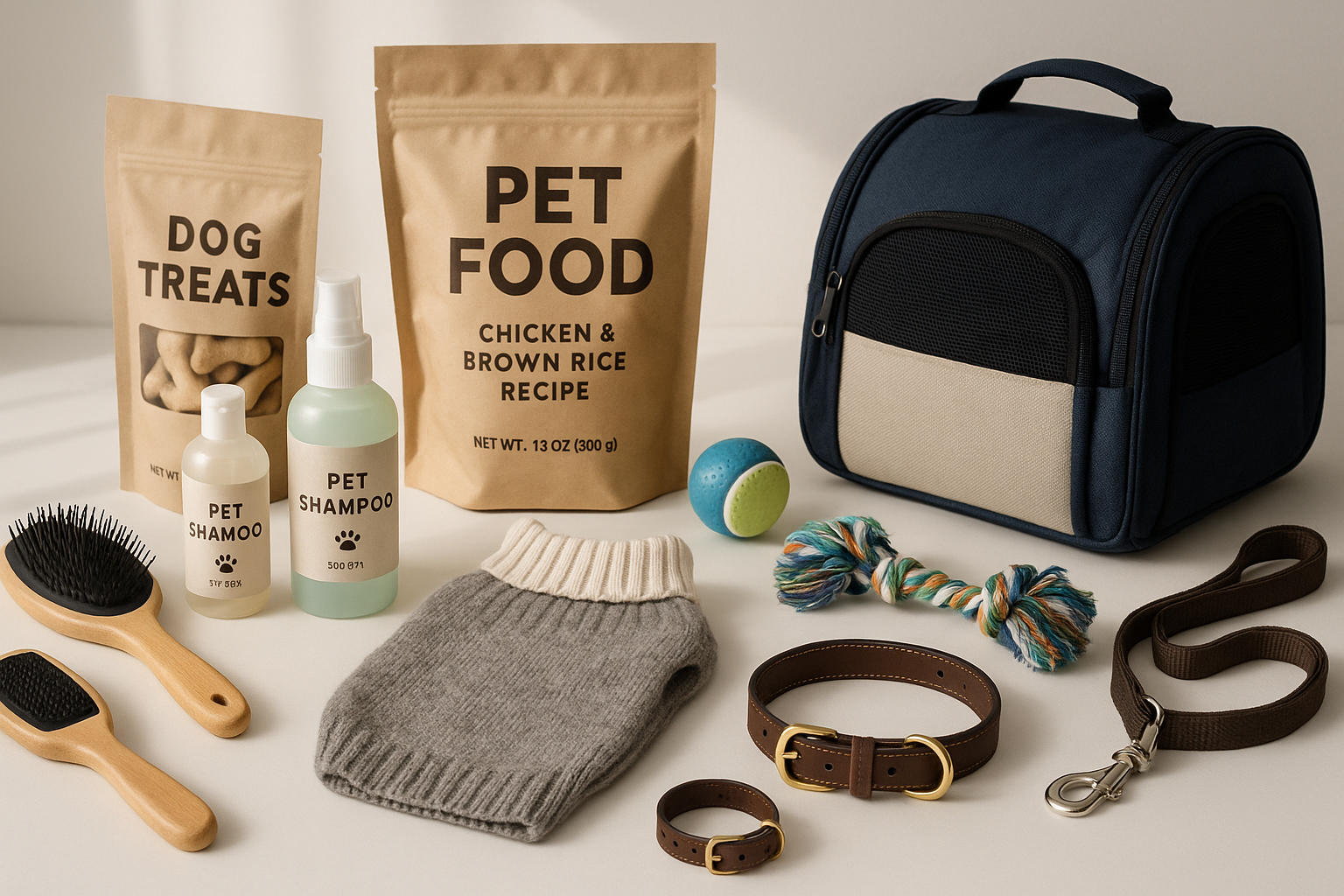 I want a realistic image describes care, clothes, nutrition, travel, toys of pet products.